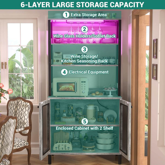 67'' Bar Cabinet with Power Outlets, Tall Wine Bar Cabinet with LED Lights and Glass Holder