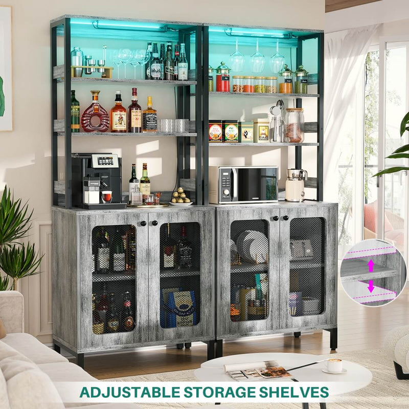 67'' Bar Cabinet with Power Outlets, Tall Wine Bar Cabinet with LED Lights and Glass Holder