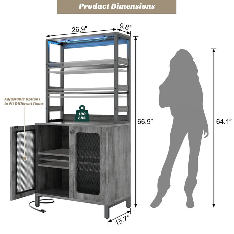 67'' Bar Cabinet with Power Outlets, Tall Wine Bar Cabinet with LED Lights and Glass Holder