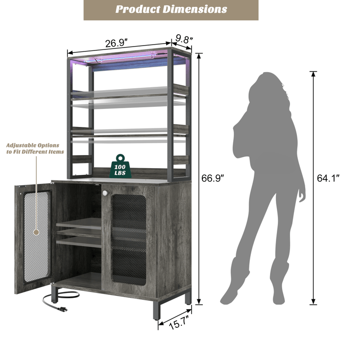 67'' Bar Cabinet with Power Outlets, Tall Wine Bar Cabinet with LED Lights and Glass Holder