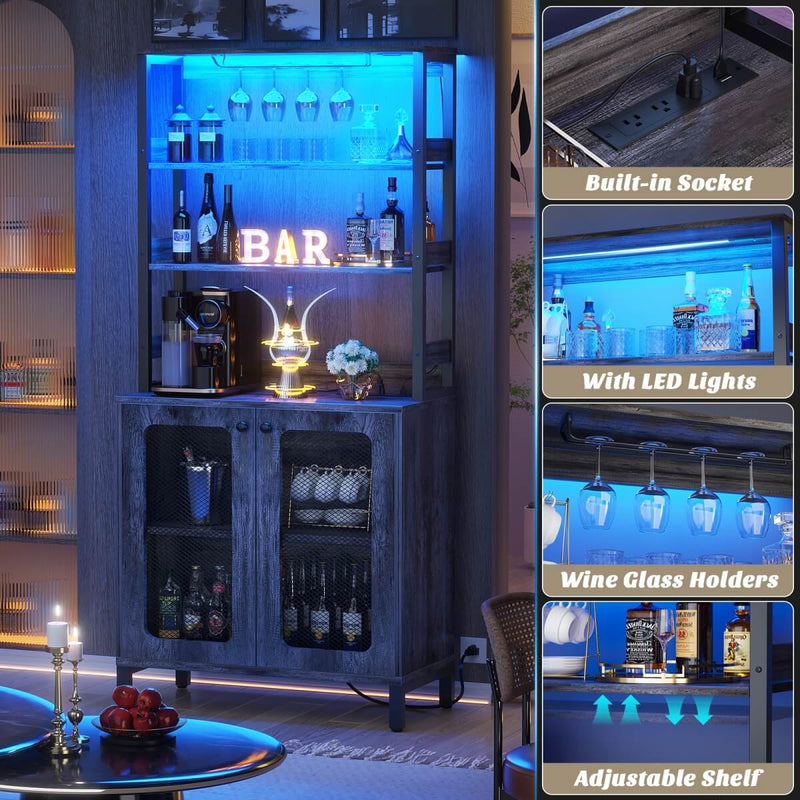 67'' Bar Cabinet with Power Outlets, Tall Wine Bar Cabinet with LED Lights and Glass Holder