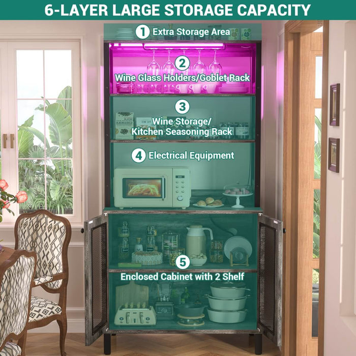 67'' Bar Cabinet with Power Outlets, Tall Wine Bar Cabinet with LED Lights and Glass Holder