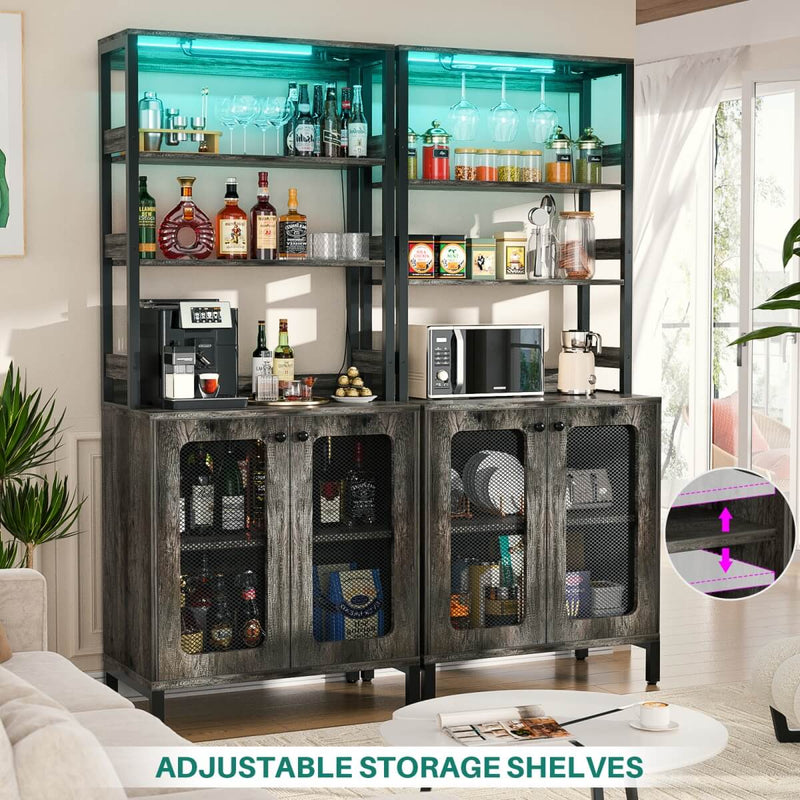 67'' Bar Cabinet with Power Outlets, Tall Wine Bar Cabinet with LED Lights and Glass Holder