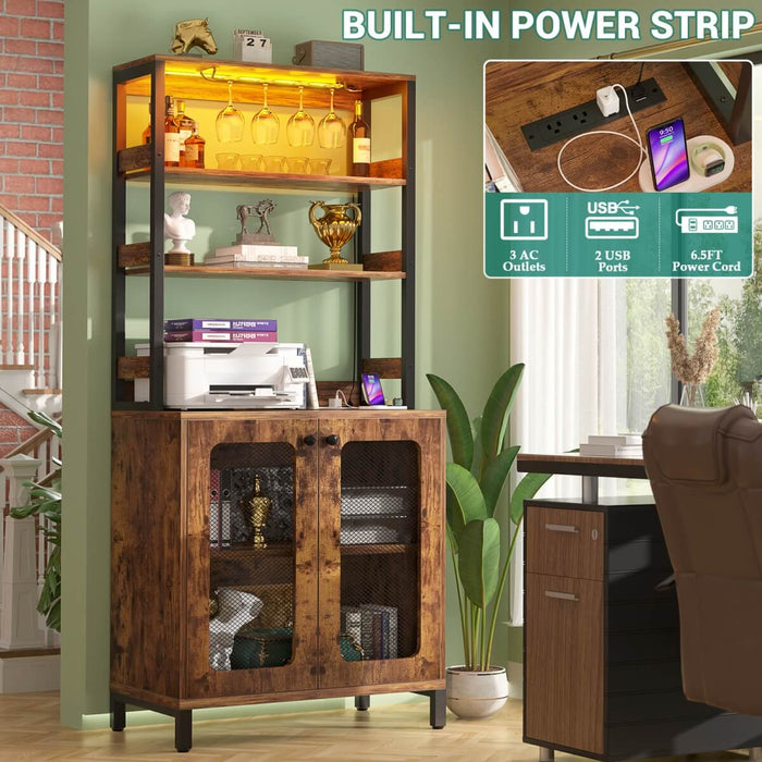 67'' Bar Cabinet with Power Outlets, Tall Wine Bar Cabinet with LED Lights and Glass Holder