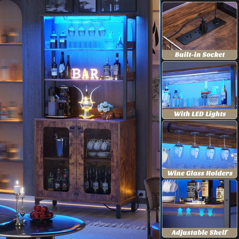 67'' Bar Cabinet with Power Outlets, Tall Wine Bar Cabinet with LED Lights and Glass Holder
