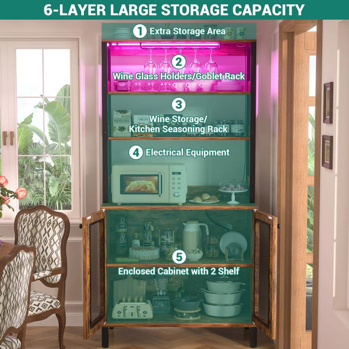 67'' Bar Cabinet with Power Outlets, Tall Wine Bar Cabinet with LED Lights and Glass Holder