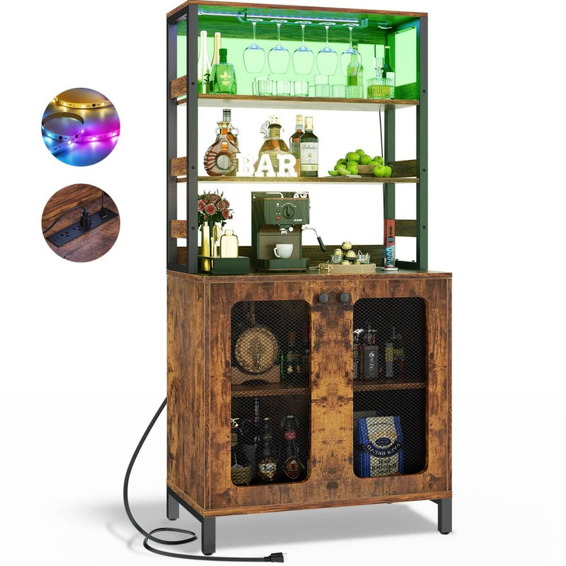 67'' Bar Cabinet with Power Outlets, Tall Wine Bar Cabinet with LED Lights and Glass Holder