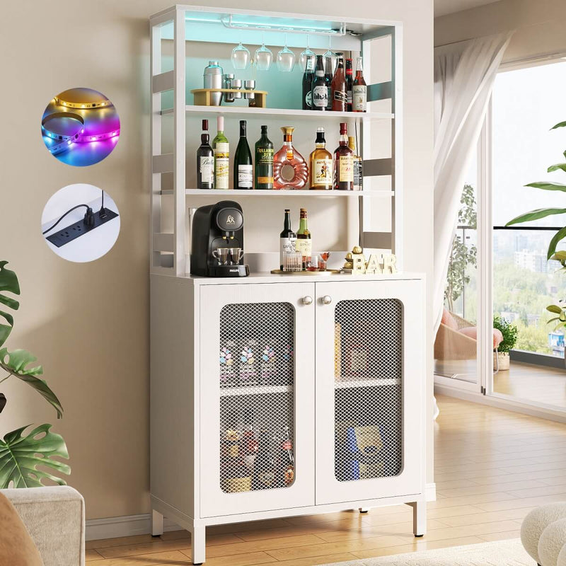 67'' Bar Cabinet with Power Outlets, Tall Wine Bar Cabinet with LED Lights and Glass Holder
