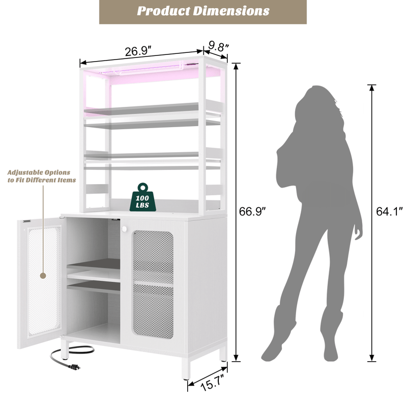 67'' Bar Cabinet with Power Outlets, Tall Wine Bar Cabinet with LED Lights and Glass Holder