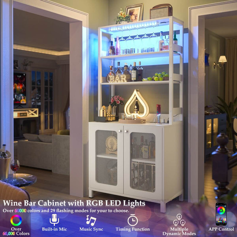 67'' Bar Cabinet with Power Outlets, Tall Wine Bar Cabinet with LED Lights and Glass Holder