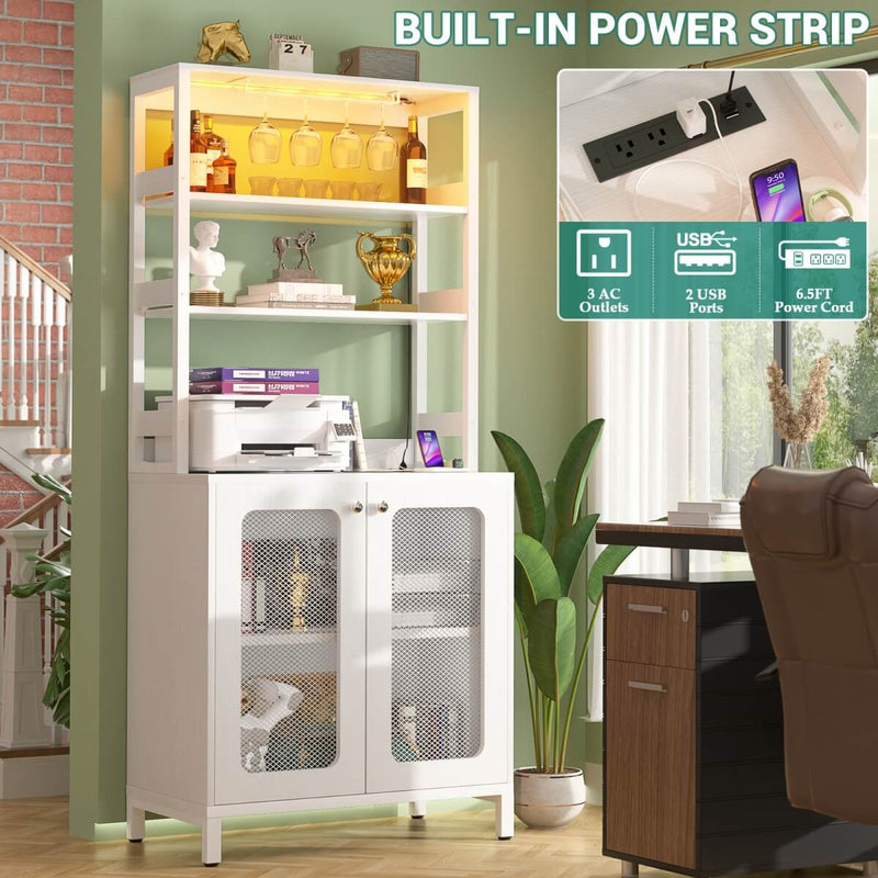 67'' Bar Cabinet with Power Outlets, Tall Wine Bar Cabinet with LED Lights and Glass Holder