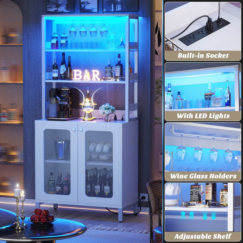 67'' Bar Cabinet with Power Outlets, Tall Wine Bar Cabinet with LED Lights and Glass Holder