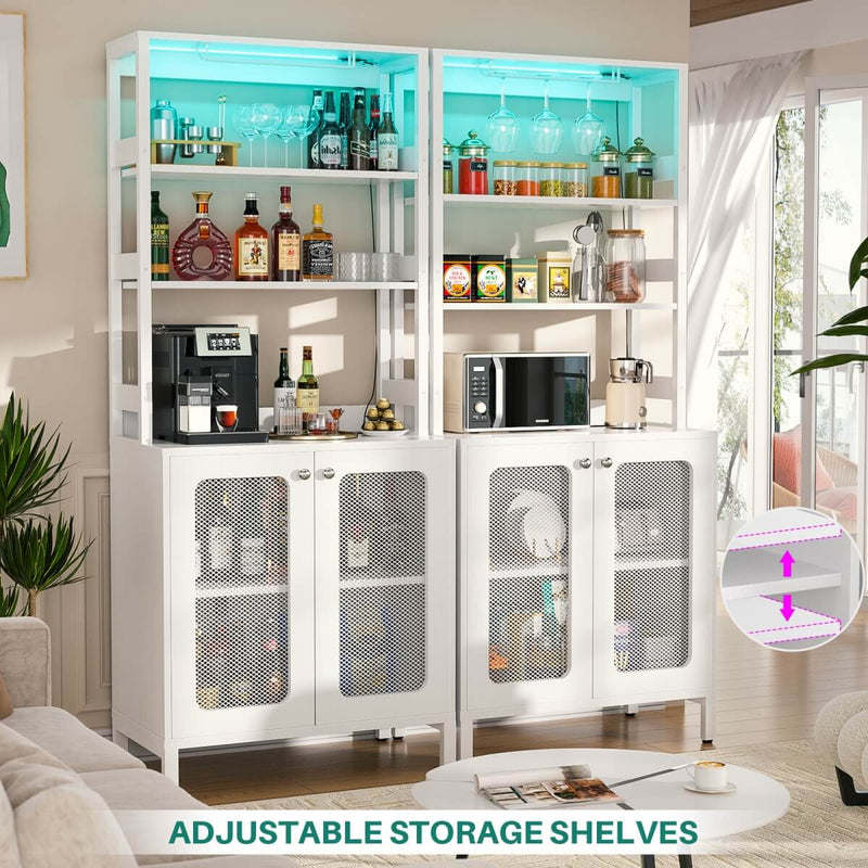 67'' Bar Cabinet with Power Outlets, Tall Wine Bar Cabinet with LED Lights and Glass Holder