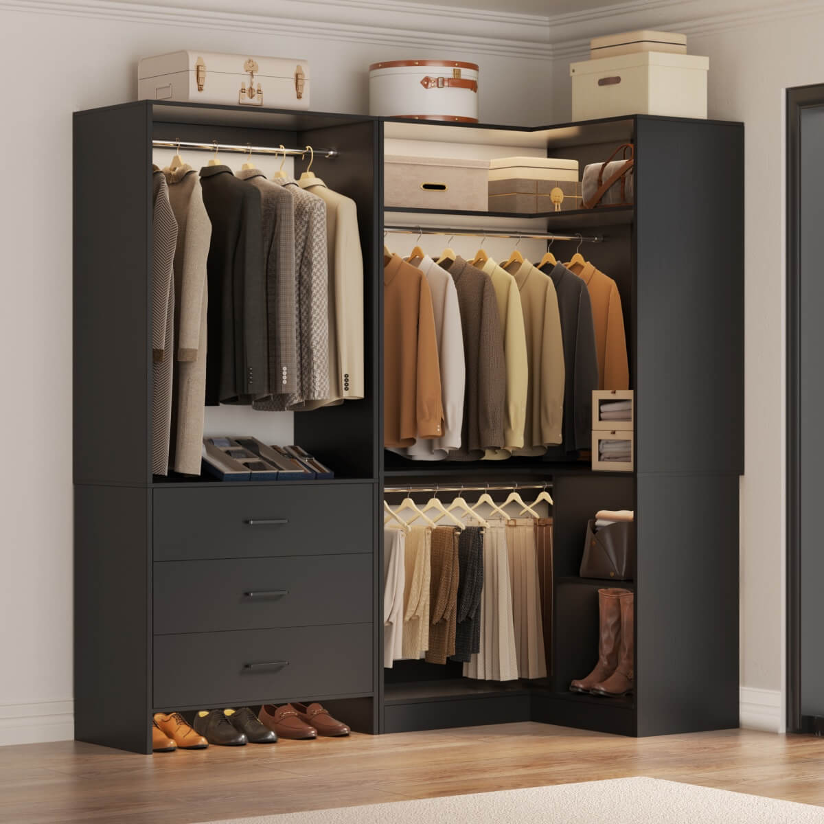 Aheaplus L Shaped Closet System Set of 2 with 3 Drawers, 2 Hanging Rods ...