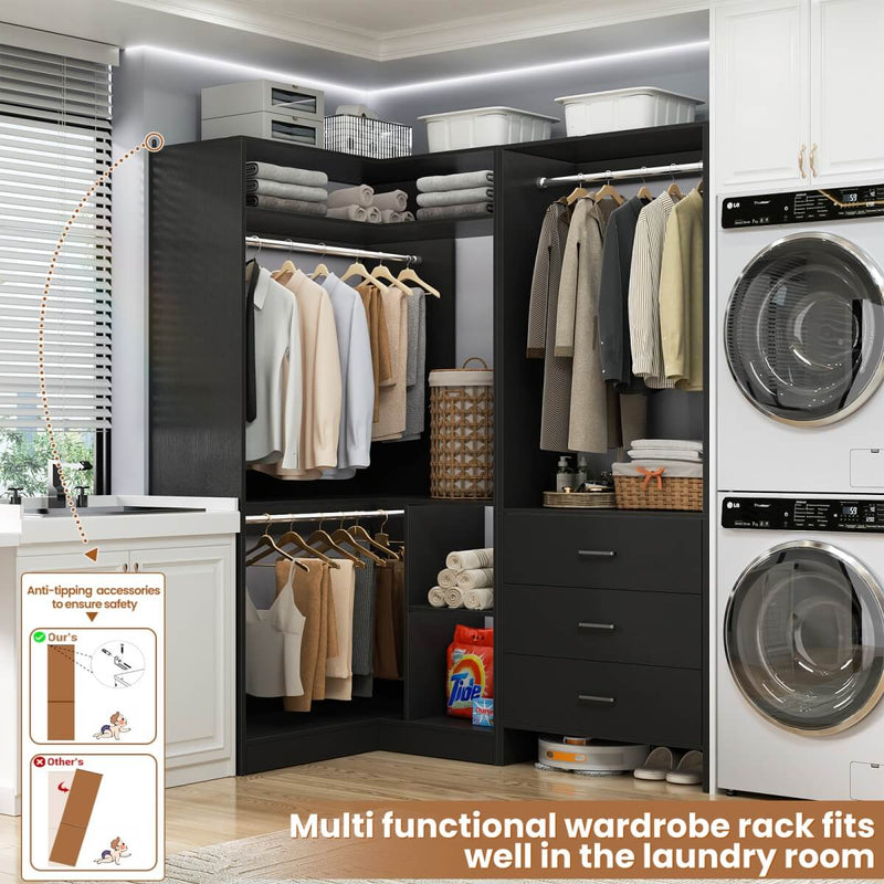 L Shaped Closet System Set of 2 with 3 Drawers, 2 Hanging Rods & Corner Tower, 1300+ lbs Capacity