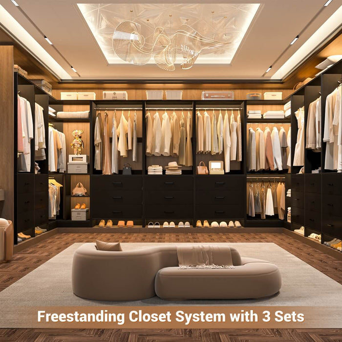 L Shaped Closet System Set of 2 with 3 Drawers, 2 Hanging Rods & Corner Tower, 1300+ lbs Capacity