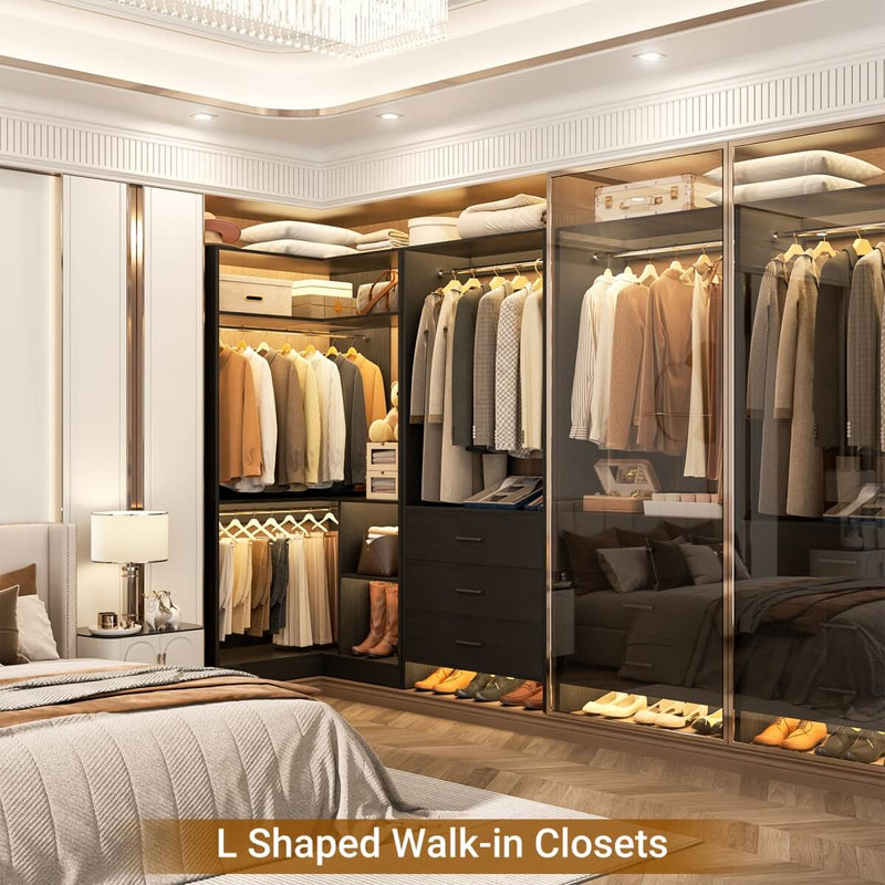 L Shaped Closet System Set of 2 with 3 Drawers, 2 Hanging Rods & Corner Tower, 1300+ lbs Capacity