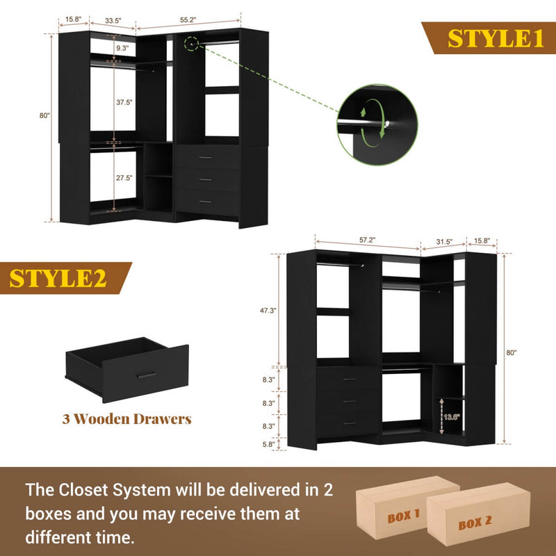 L Shaped Closet System Set of 2 with 3 Drawers, 2 Hanging Rods & Corner Tower, 1300+ lbs Capacity