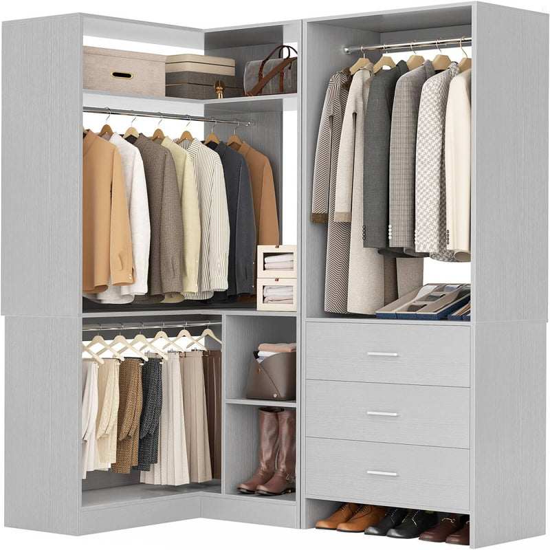 L Shaped Closet System Set of 2 with 3 Drawers, 2 Hanging Rods & Corner Tower, 1300+ lbs Capacity