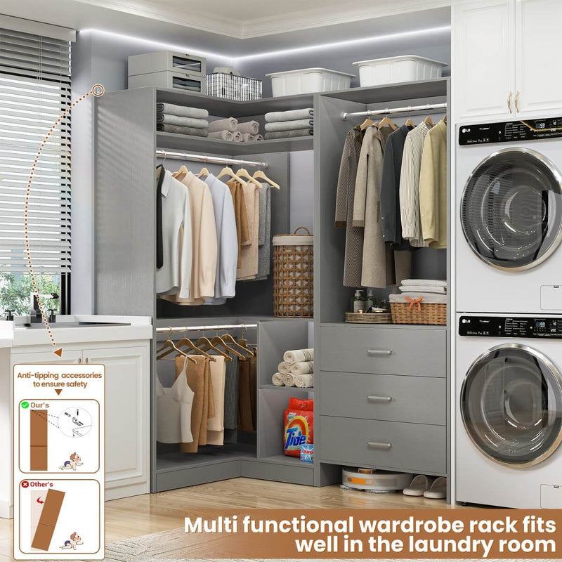 L Shaped Closet System Set of 2 with 3 Drawers, 2 Hanging Rods & Corner Tower, 1300+ lbs Capacity