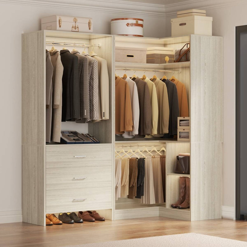 L Shaped Closet System Set of 2 with 3 Drawers, 2 Hanging Rods & Corner Tower, 1300+ lbs Capacity
