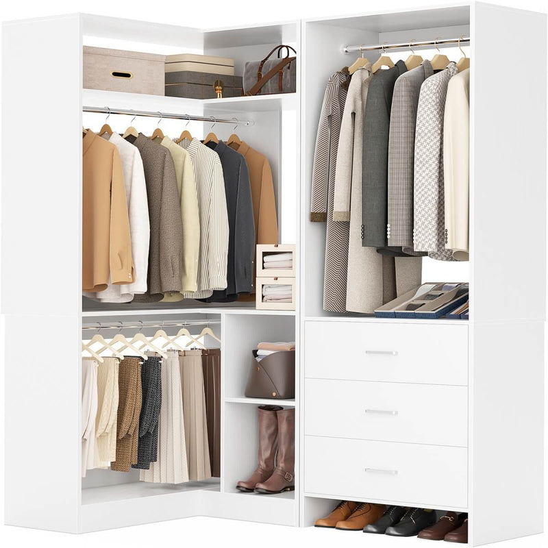 L Shaped Closet System Set of 2 with 3 Drawers, 2 Hanging Rods & Corner Tower, 1300+ lbs Capacity