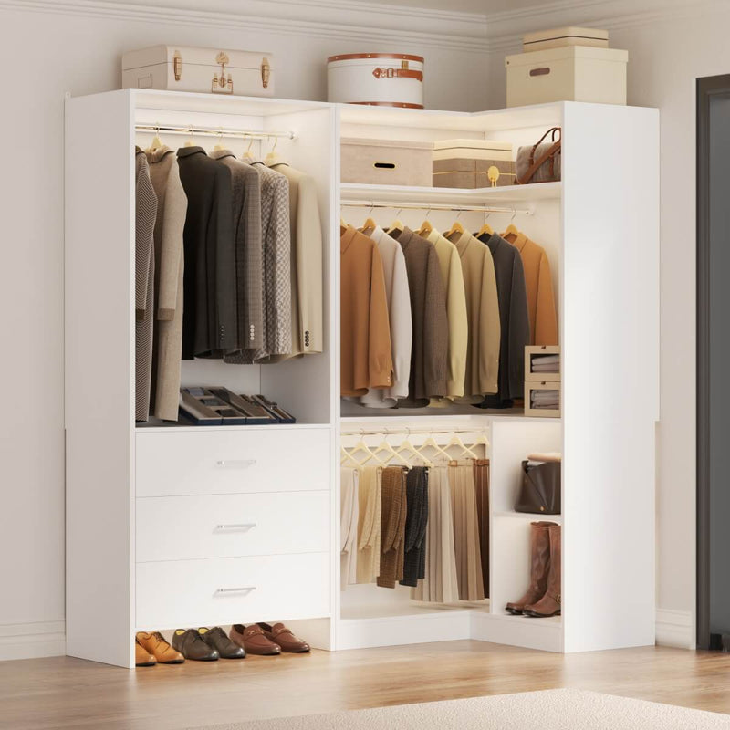 L Shaped Closet System Set of 2 with 3 Drawers, 2 Hanging Rods & Corner Tower, 1300+ lbs Capacity