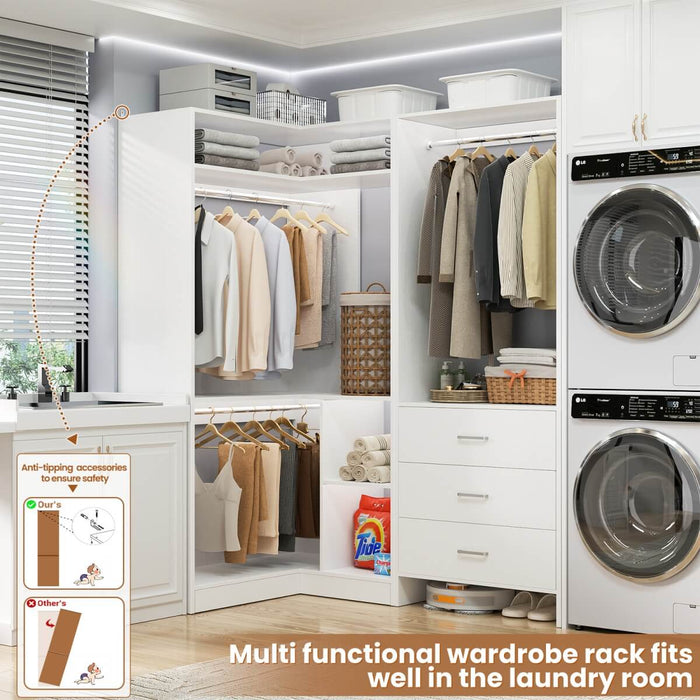 L Shaped Closet System Set of 2 with 3 Drawers, 2 Hanging Rods & Corner Tower, 1300+ lbs Capacity