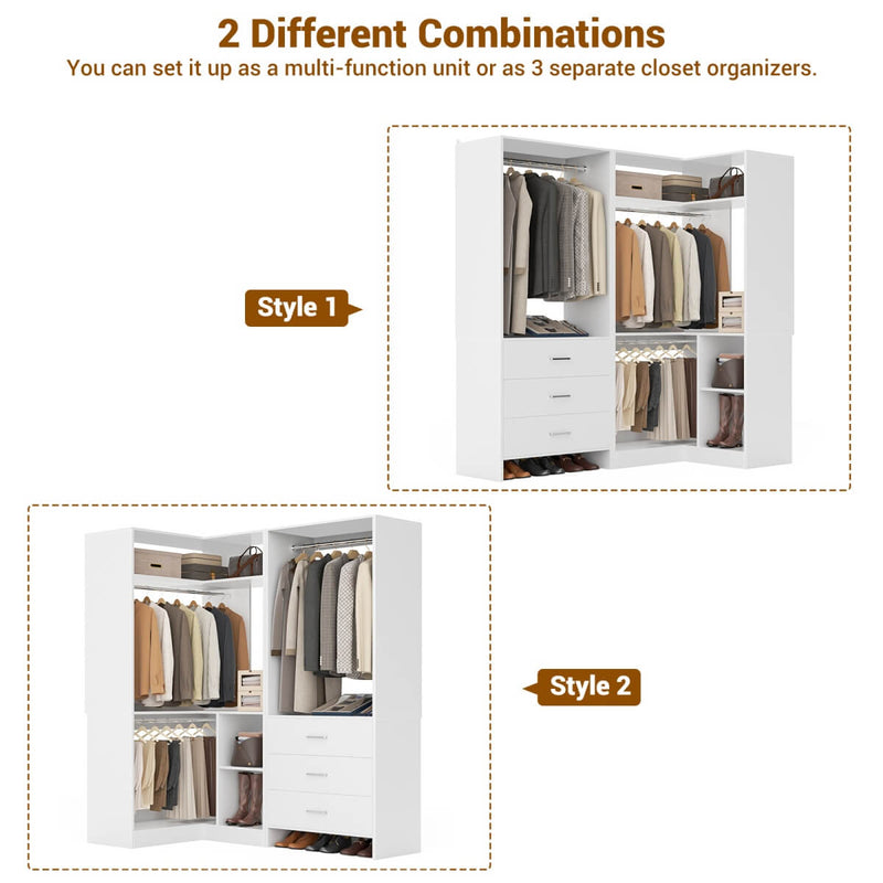 L Shaped Closet System Set of 2 with 3 Drawers, 2 Hanging Rods & Corner Tower, 1300+ lbs Capacity