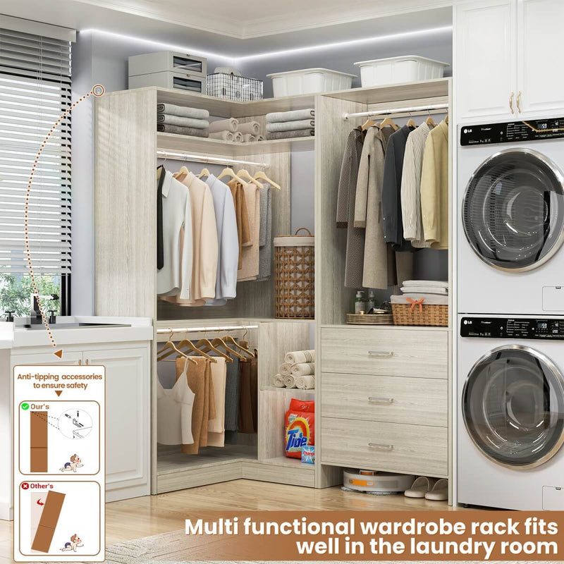 L Shaped Closet System Set of 2 with 3 Drawers, 2 Hanging Rods & Corner Tower, 1300+ lbs Capacity