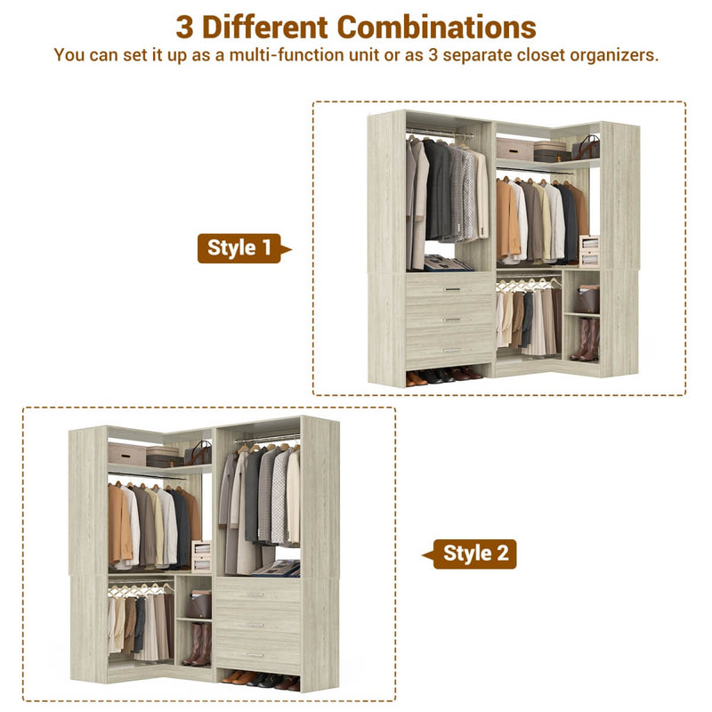 L Shaped Closet System Set of 2 with 3 Drawers, 2 Hanging Rods & Corner Tower, 1300+ lbs Capacity