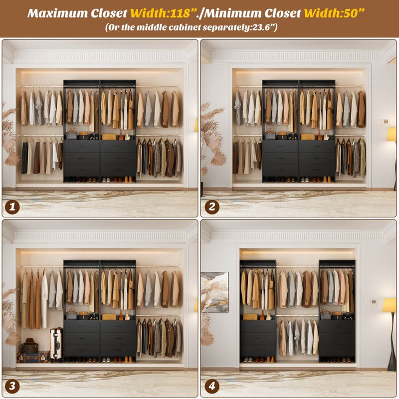 47.4-141.7 inches Adjustable Closet System, 6 Drawers and 6 Hanging Rods