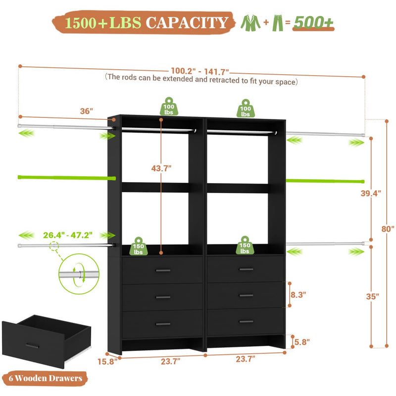 47.4-141.7 inches Adjustable Closet System, 6 Drawers and 6 Hanging Rods