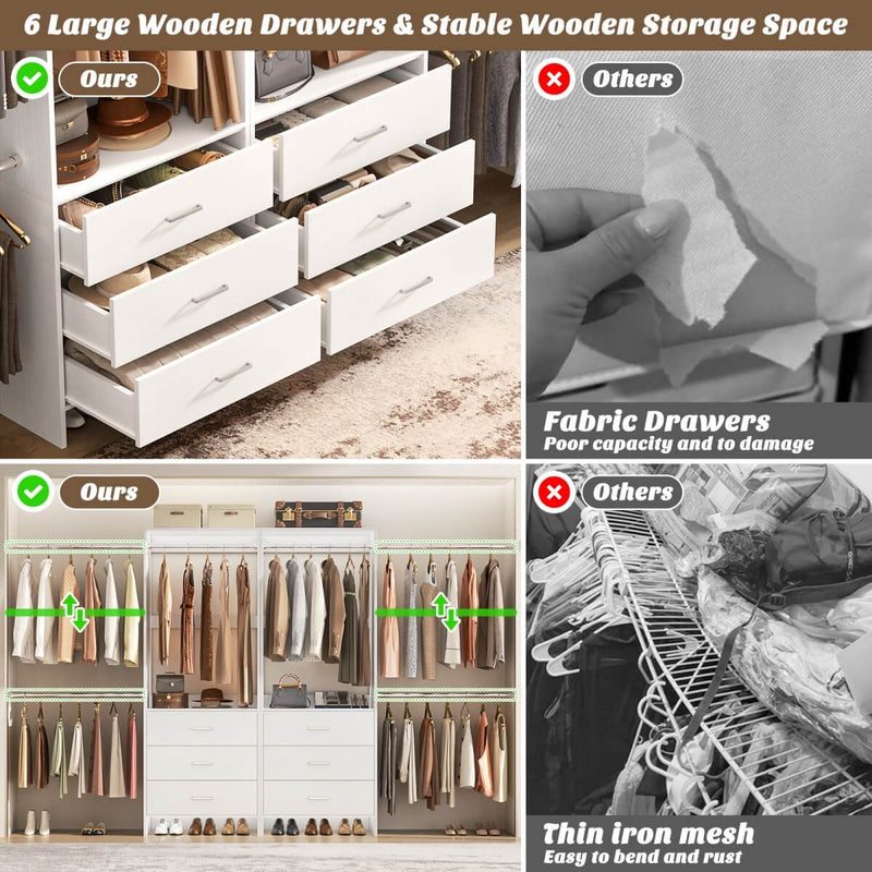 47.4-141.7 inches Adjustable Closet System, 6 Drawers and 6 Hanging Rods