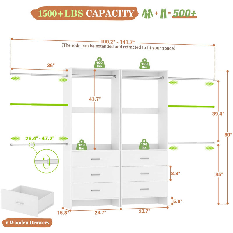 47.4-141.7 inches Adjustable Closet System, 6 Drawers and 6 Hanging Rods