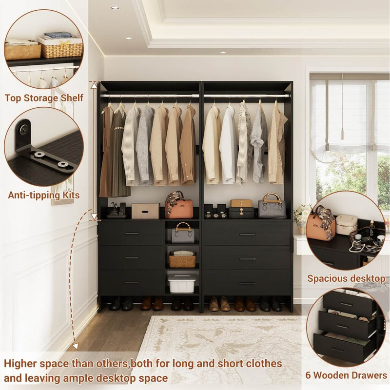 Closet Organizers Set of 2, Walk-in Closet System with Hanging Rods and Drawers