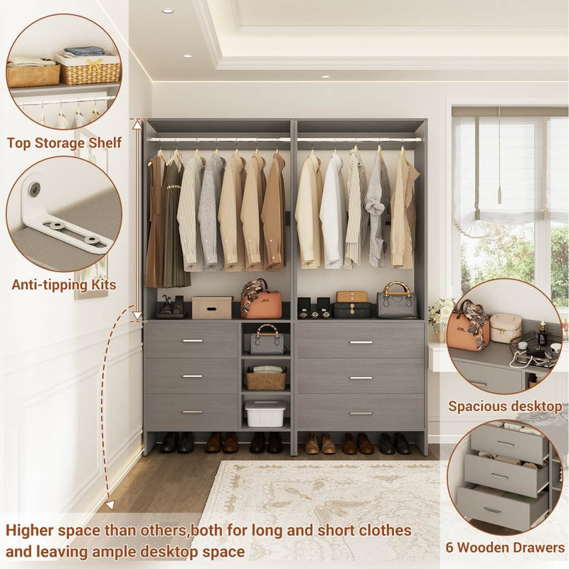 Closet Organizers Set of 2, Walk-in Closet System with Hanging Rods and Drawers