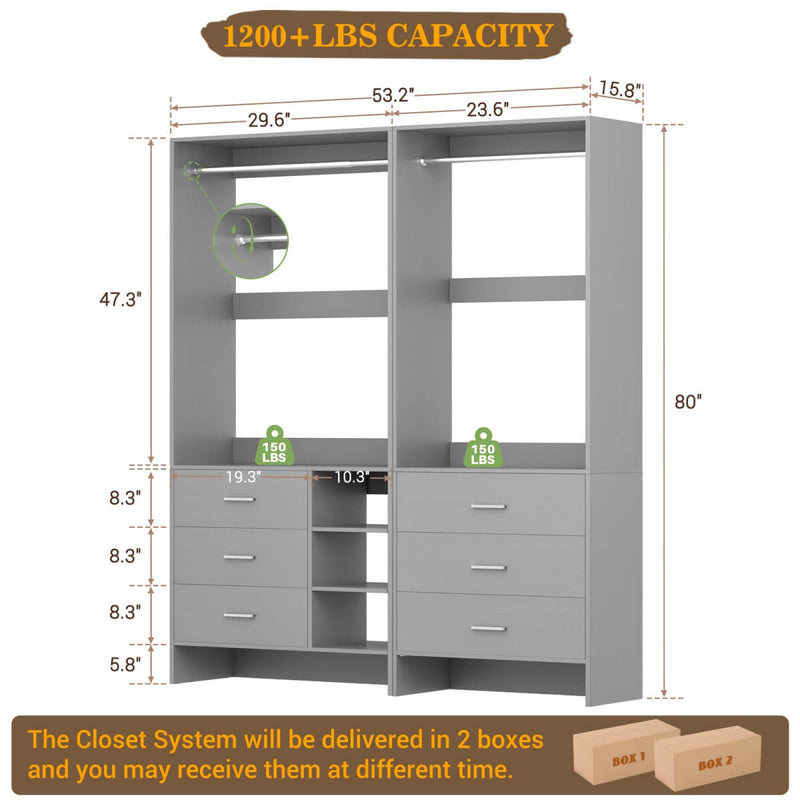 Closet Organizers Set of 2, Walk-in Closet System with Hanging Rods and Drawers