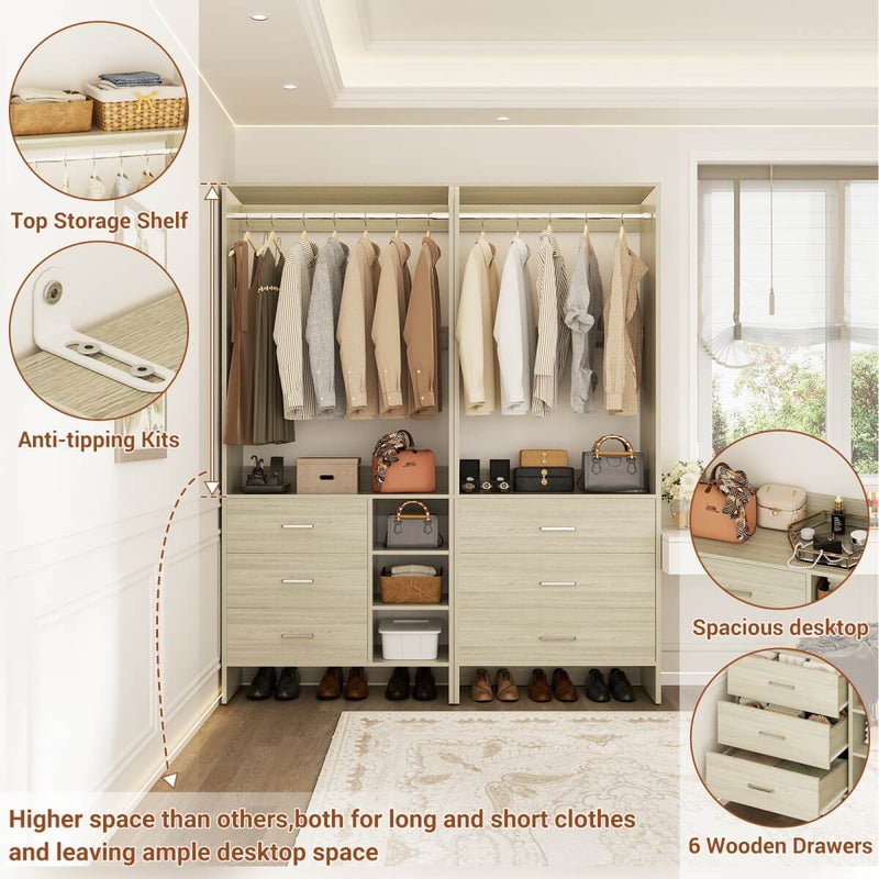 Closet Organizers Set of 2, Walk-in Closet System with Hanging Rods and Drawers