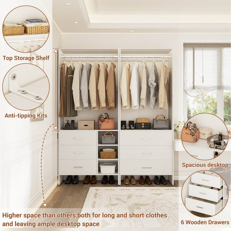 Closet Organizers Set of 2, Walk-in Closet System with Hanging Rods and Drawers