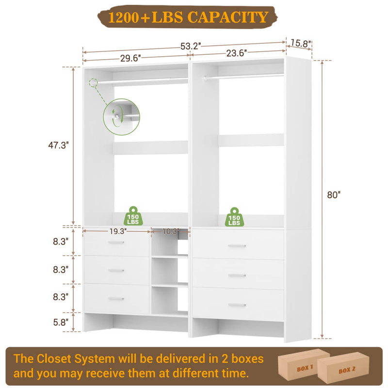 Closet Organizers Set of 2, Walk-in Closet System with Hanging Rods and Drawers