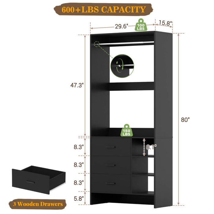 2.5FT Walk in Closet System with 3 Drawers & 1 Hanging Rod