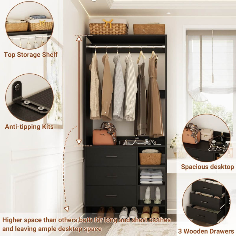 2.5FT Walk in Closet System with 3 Drawers & 1 Hanging Rod