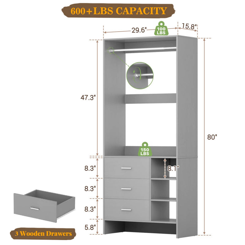 2.5FT Walk in Closet System with 3 Drawers & 1 Hanging Rod