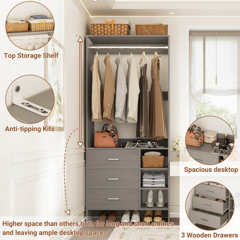 2.5FT Walk in Closet System with 3 Drawers & 1 Hanging Rod