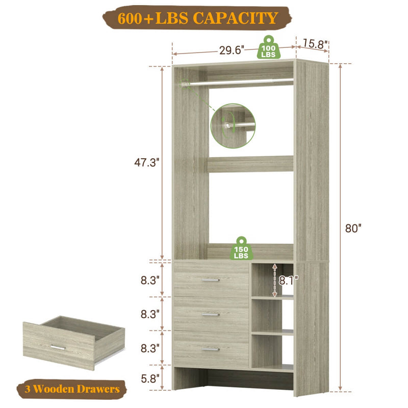 2.5FT Walk in Closet System with 3 Drawers & 1 Hanging Rod