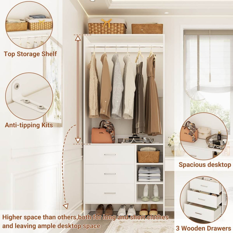2.5FT Walk in Closet System with 3 Drawers & 1 Hanging Rod