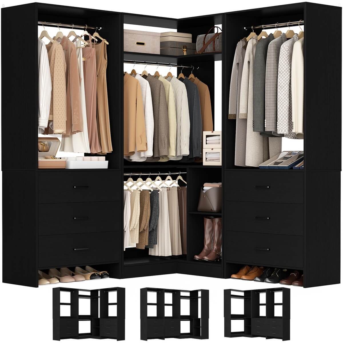 Aheaplus 81'' Closet System with 6 Drawers, 4 Hanging Rods