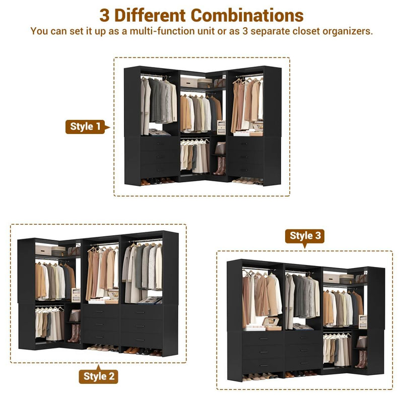 81'' Closet System with 6 Drawers, 4 Hanging Rods & Corner Tower, Set of 3