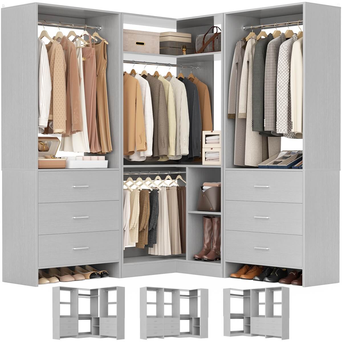 Aheaplus 81'' Closet System with 6 Drawers, 4 Hanging Rods